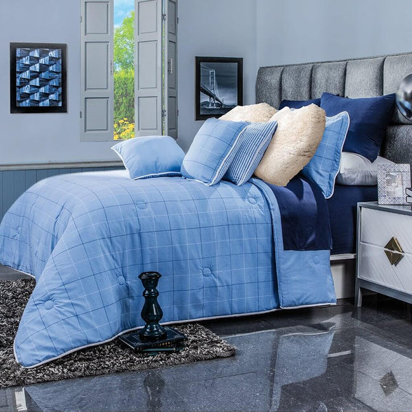 HIG Juego de edredón acolchado moderno de 7 piezas, tamaño Queen, color  azul, decorativo, elegante, de plumón alternativo para dormitorio, cama con